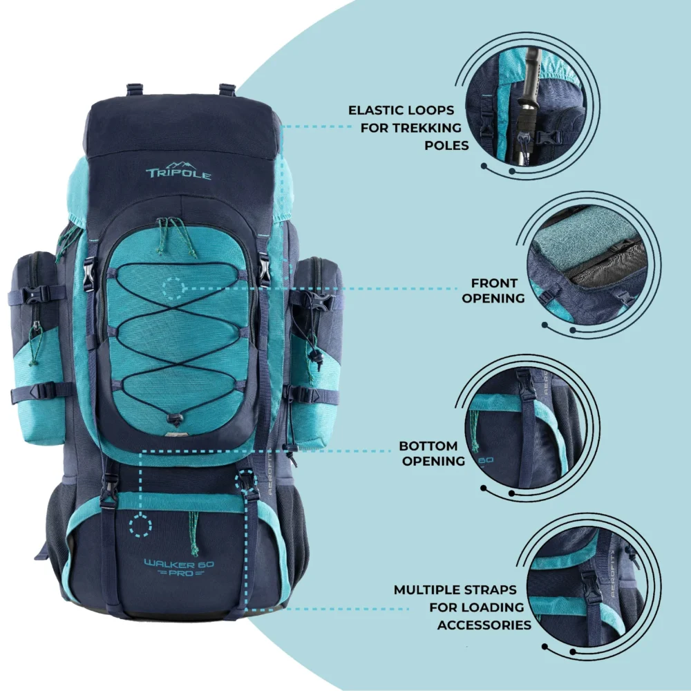 Tripole Walker Pro Internal Frame Rucksack for Travel and Trekking | Front Opening | Laptop Sleeve | Water Repellent | Rain Cover - Image 7