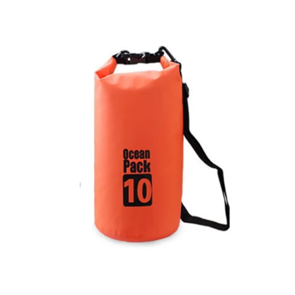 10L waterproof dry bag with roll-top closure, designed for outdoor adventures, shown in a compact size with an adjustable shoulder strap for easy carrying.