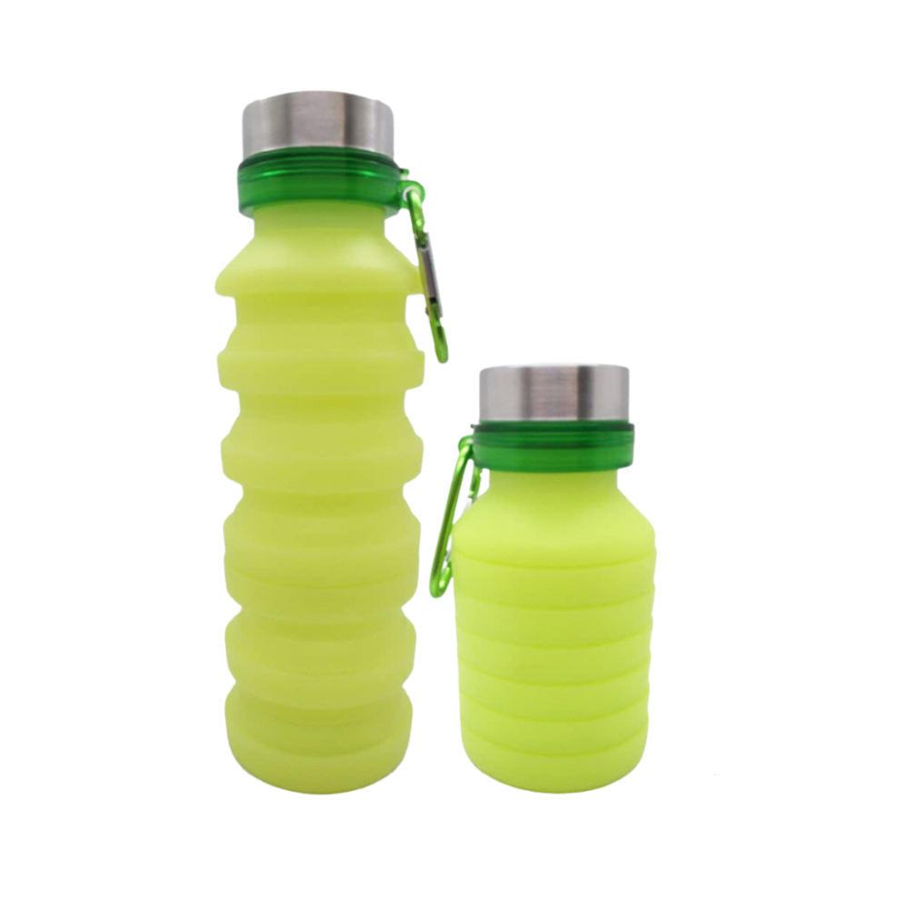Foldable travel water bottle with leak-proof cap and carabiner clip.
