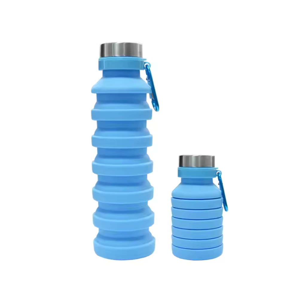 Reusable, collapsible water bottle shown fully expanded and ready for use.