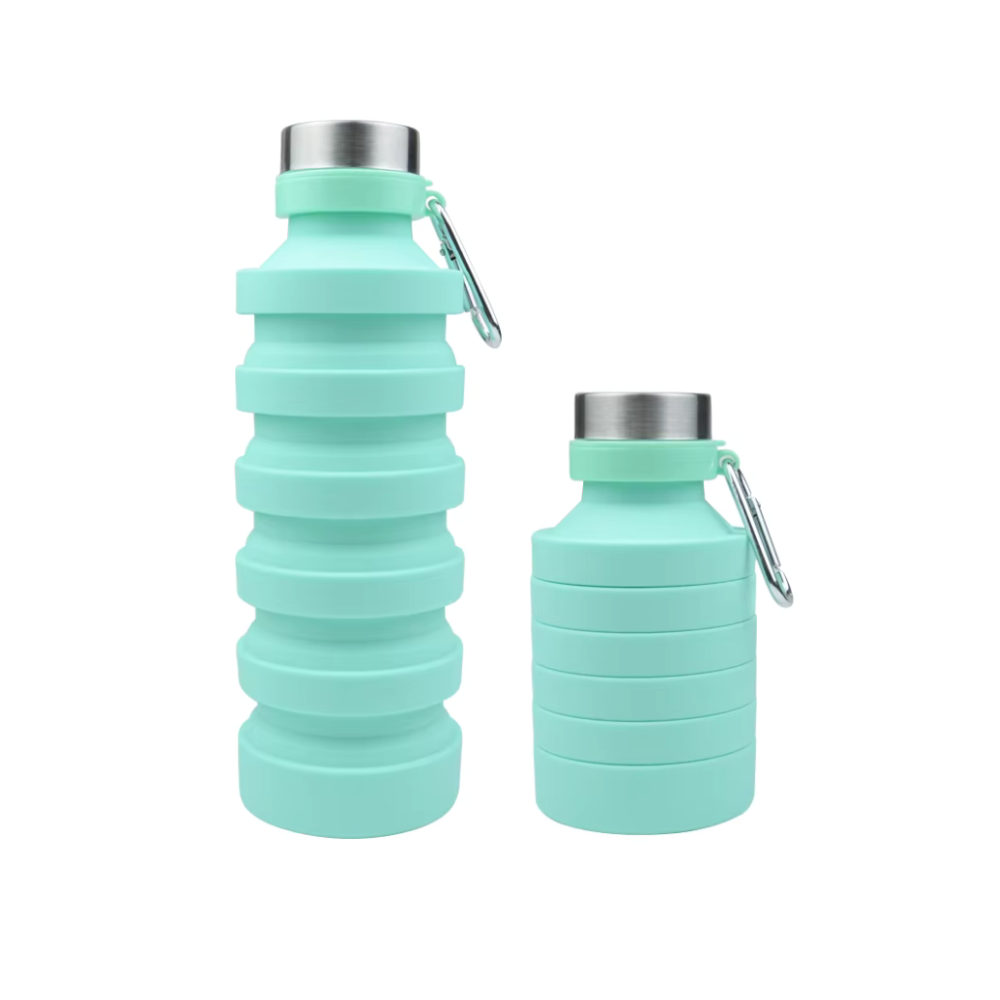 Reusable, collapsible water bottle shown fully expanded and ready for use.