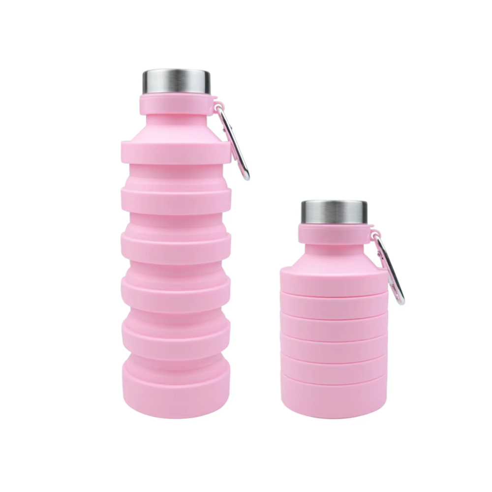 Collapsible silicone water bottle in a compact, folded form.