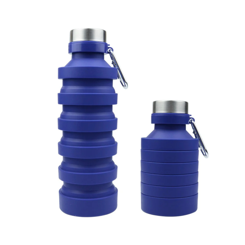 Collapsible silicone water bottle in a compact, folded form.