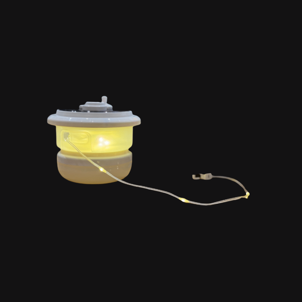 Multifunctional solar-powered camping light with high, low, and SOS modes, featuring a retractable string of warm fairy lights