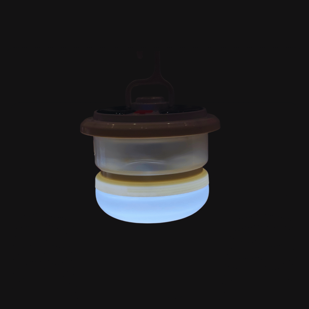 Multifunctional solar-powered camping light with high, low, and SOS modes, featuring a retractable string of warm fairy lights