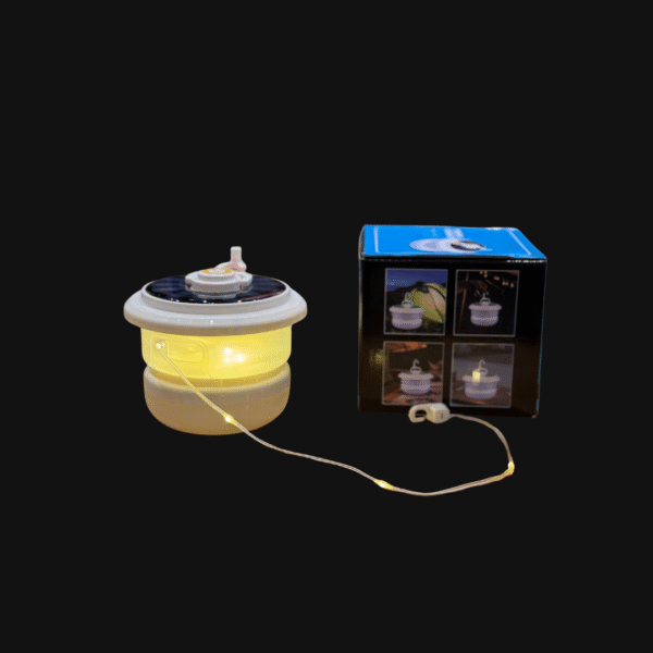 Multifunctional solar-powered camping light with high, low, and SOS modes, featuring a retractable string of warm fairy lights