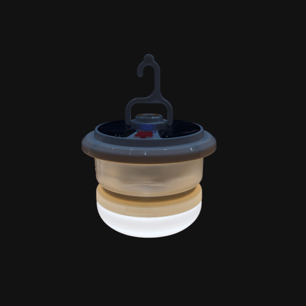 Multifunctional solar-powered camping light with high, low, and SOS modes, featuring a retractable string of warm fairy lights