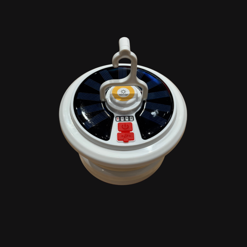 Multifunctional solar-powered camping light with high, low, and SOS modes, featuring a retractable string of warm fairy lights