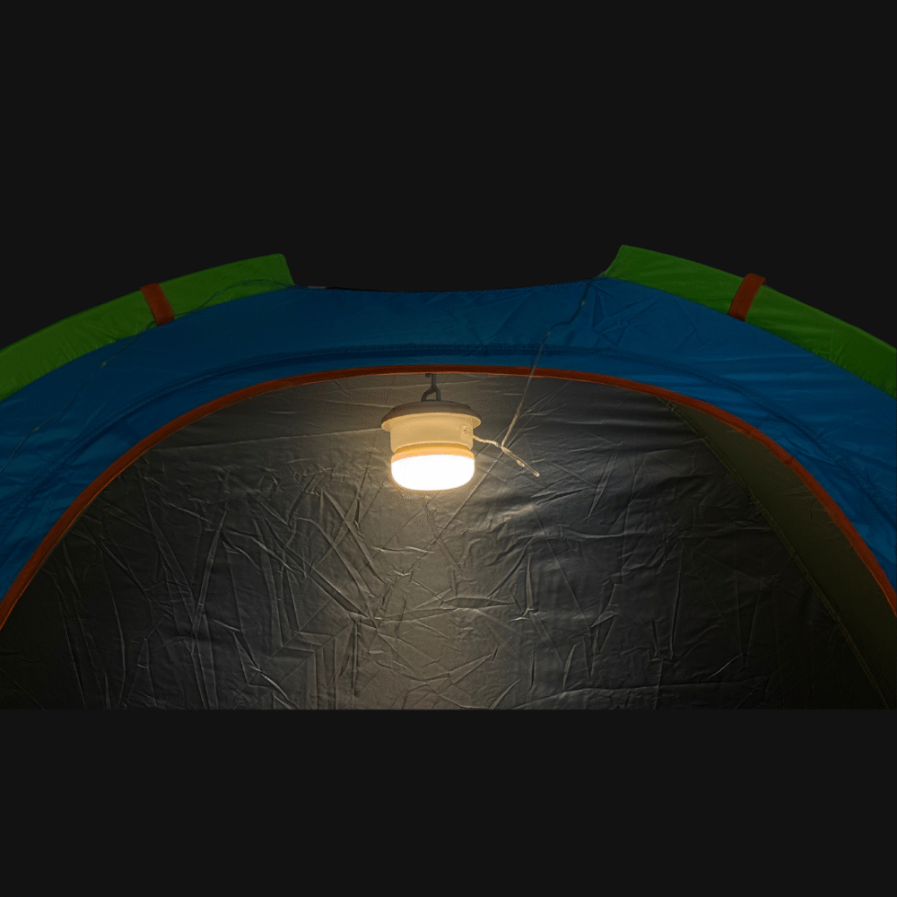 Multifunctional solar-powered camping light with high, low, and SOS modes, featuring a retractable string of warm fairy lights
