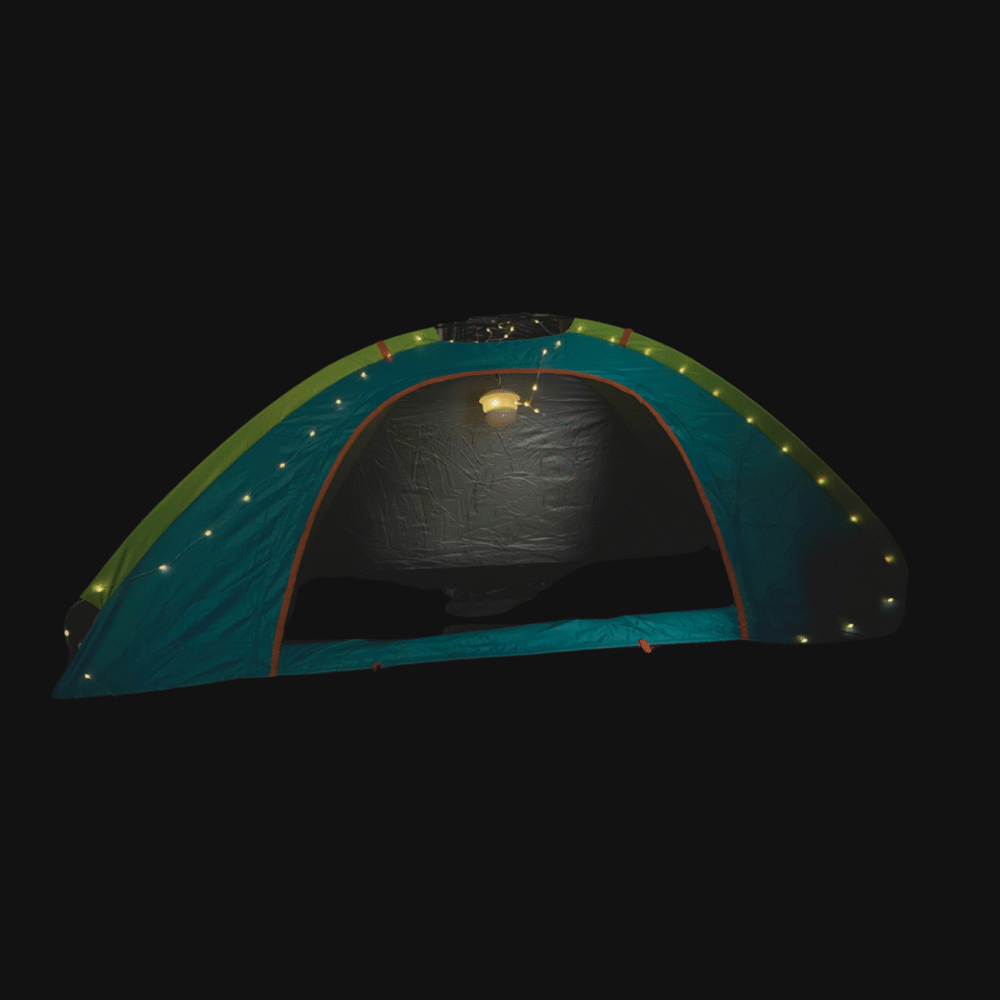 Multifunctional solar-powered camping light with high, low, and SOS modes, featuring a retractable string of warm fairy lights