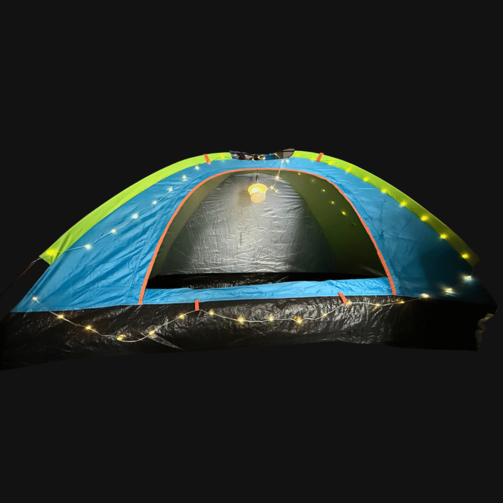 Multifunctional solar-powered camping light with high, low, and SOS modes, featuring a retractable string of warm fairy lights