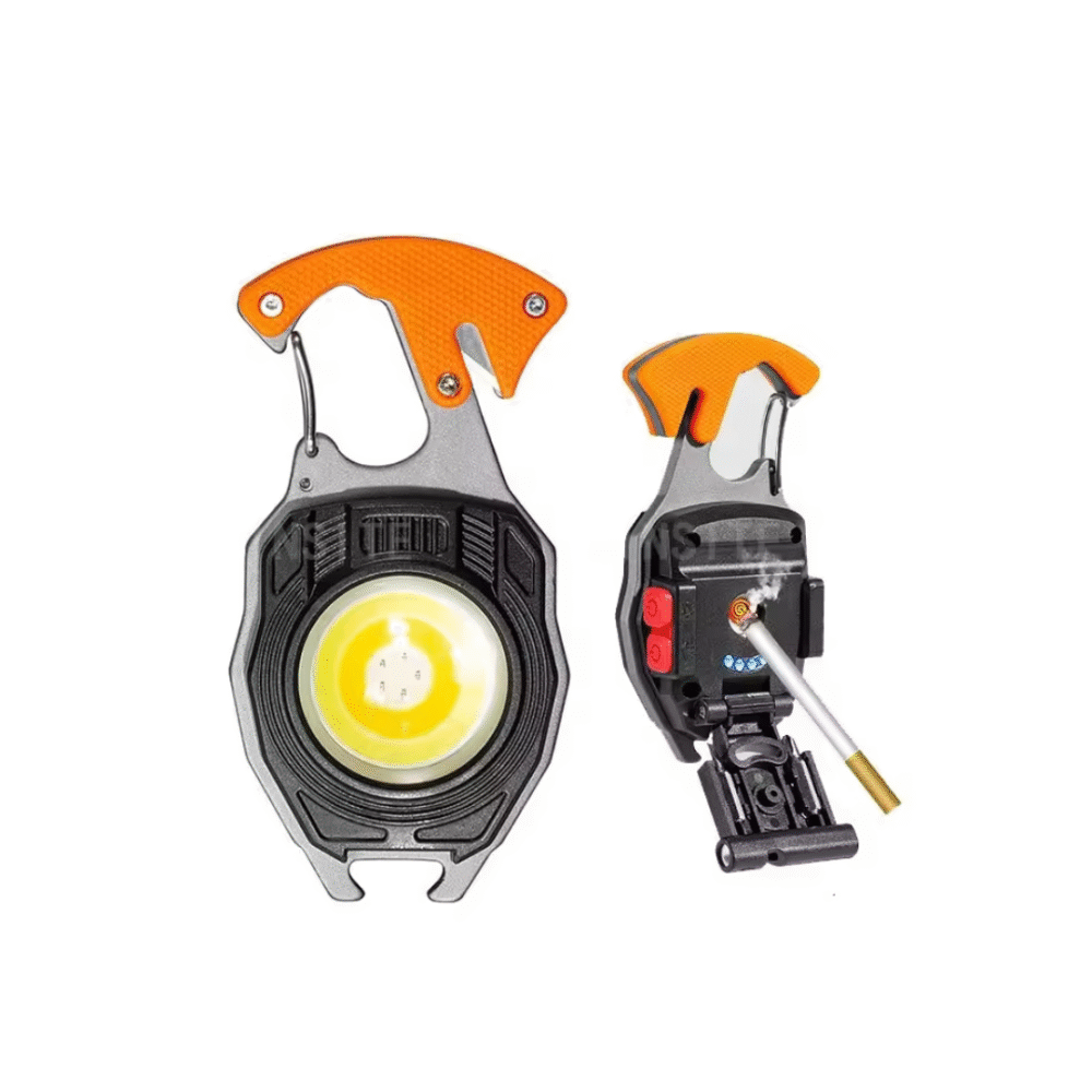 Compact multifunctional flashlight with bright COB LED light, USB rechargeable battery, magnetic base, rotating stand, and built-in flameless cigarette lighter
