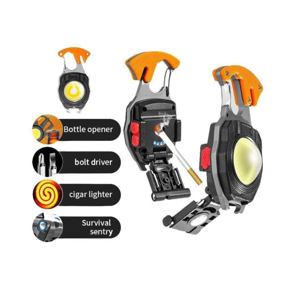 Compact multifunctional flashlight with bright COB LED light, USB rechargeable battery, magnetic base, rotating stand, and built-in flameless cigarette lighter