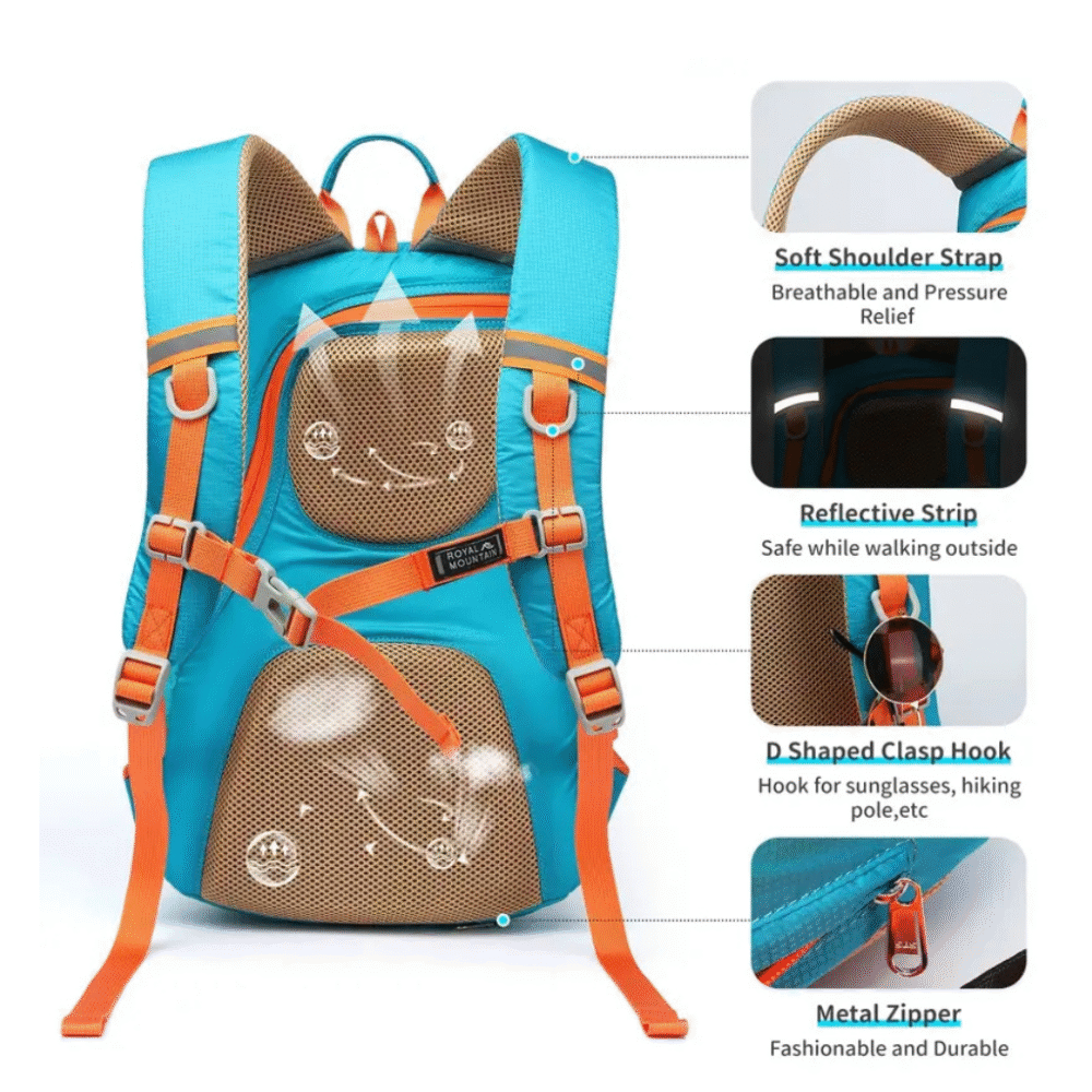 Royal Mountain 30L outdoor hiking backpack in yellow and brown, with ergonomic straps and multiple compartments for trekking and travel