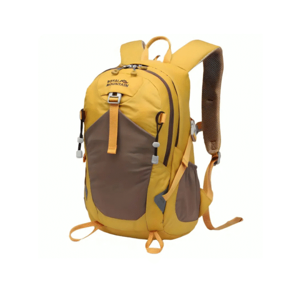 Royal Mountain 30L outdoor hiking backpack in yellow and brown, with ergonomic straps and multiple compartments for trekking and travel