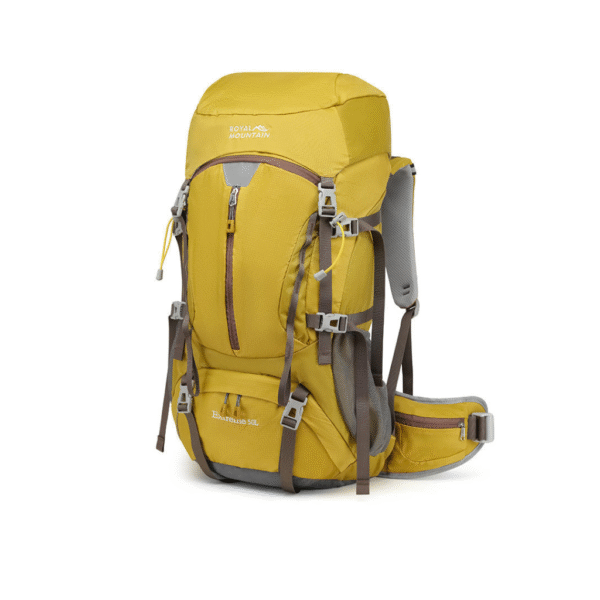 Spacious 50L nylon backpack shown with gear and clothing to demonstrate storage volume