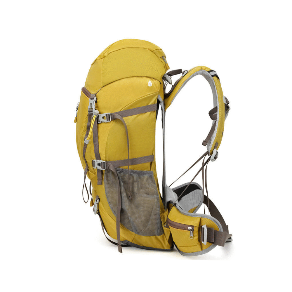 Spacious 50L nylon backpack shown with gear and clothing to demonstrate storage volume