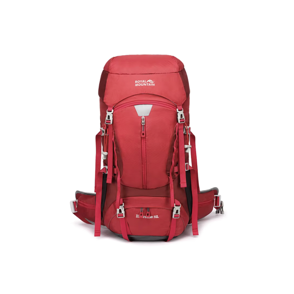 Spacious 50L nylon backpack shown with gear and clothing to demonstrate storage volume