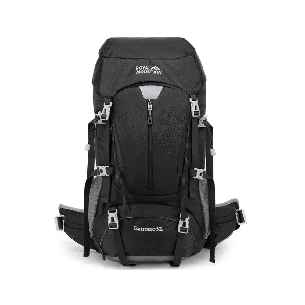 Spacious 50L nylon backpack shown with gear and clothing to demonstrate storage volume