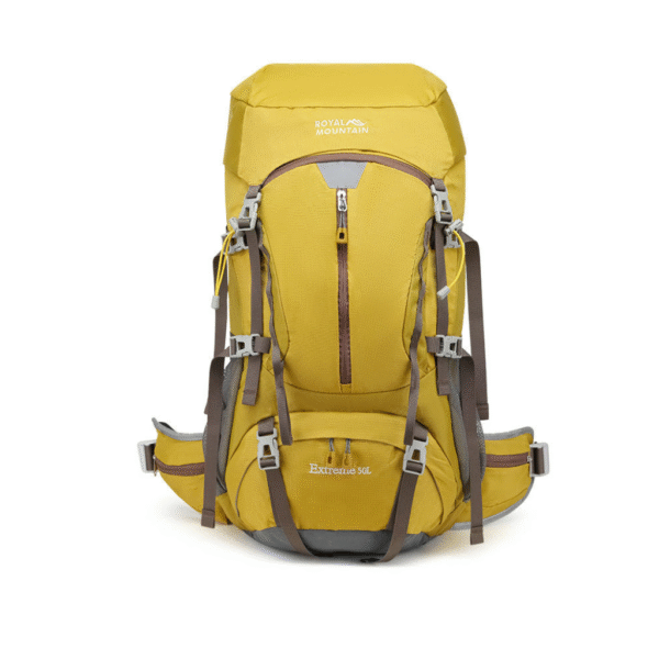 Spacious 50L nylon backpack shown with gear and clothing to demonstrate storage volume