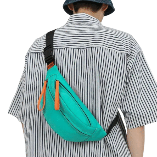 Unisex waterproof polyester waist pouch with adjustable strap, ideal for travel, sports, and outdoor activities