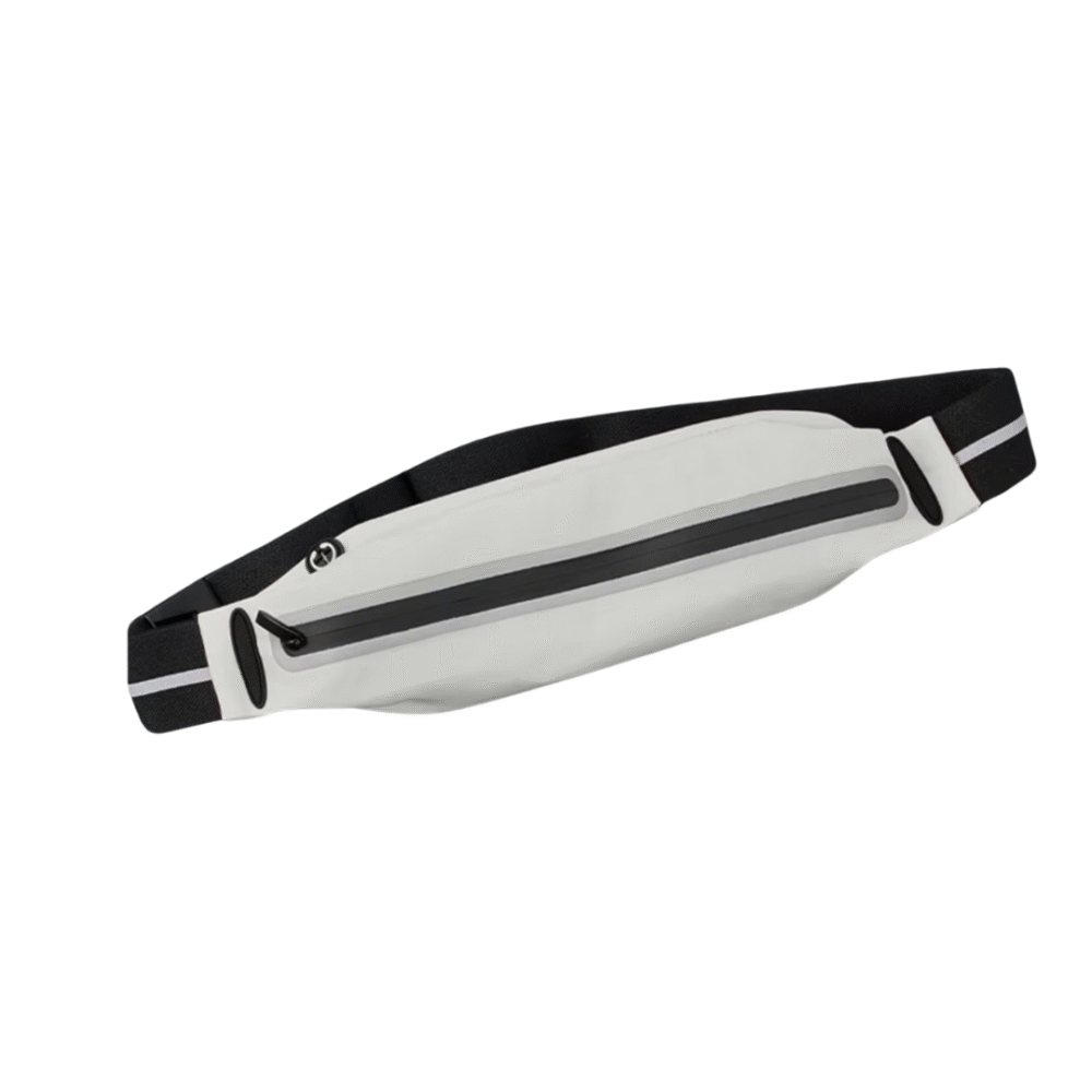 Slim waterproof waist bag worn during workout, ideal for jogging, cycling, and gym training