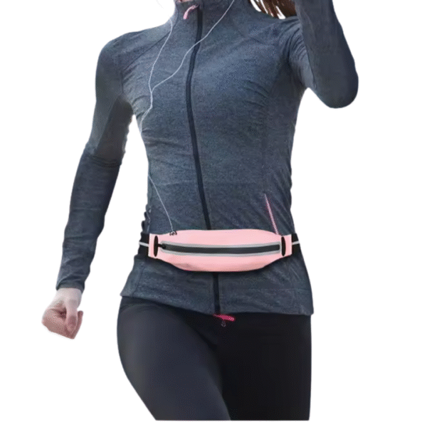 Slim waterproof waist bag worn during workout, ideal for jogging, cycling, and gym training.